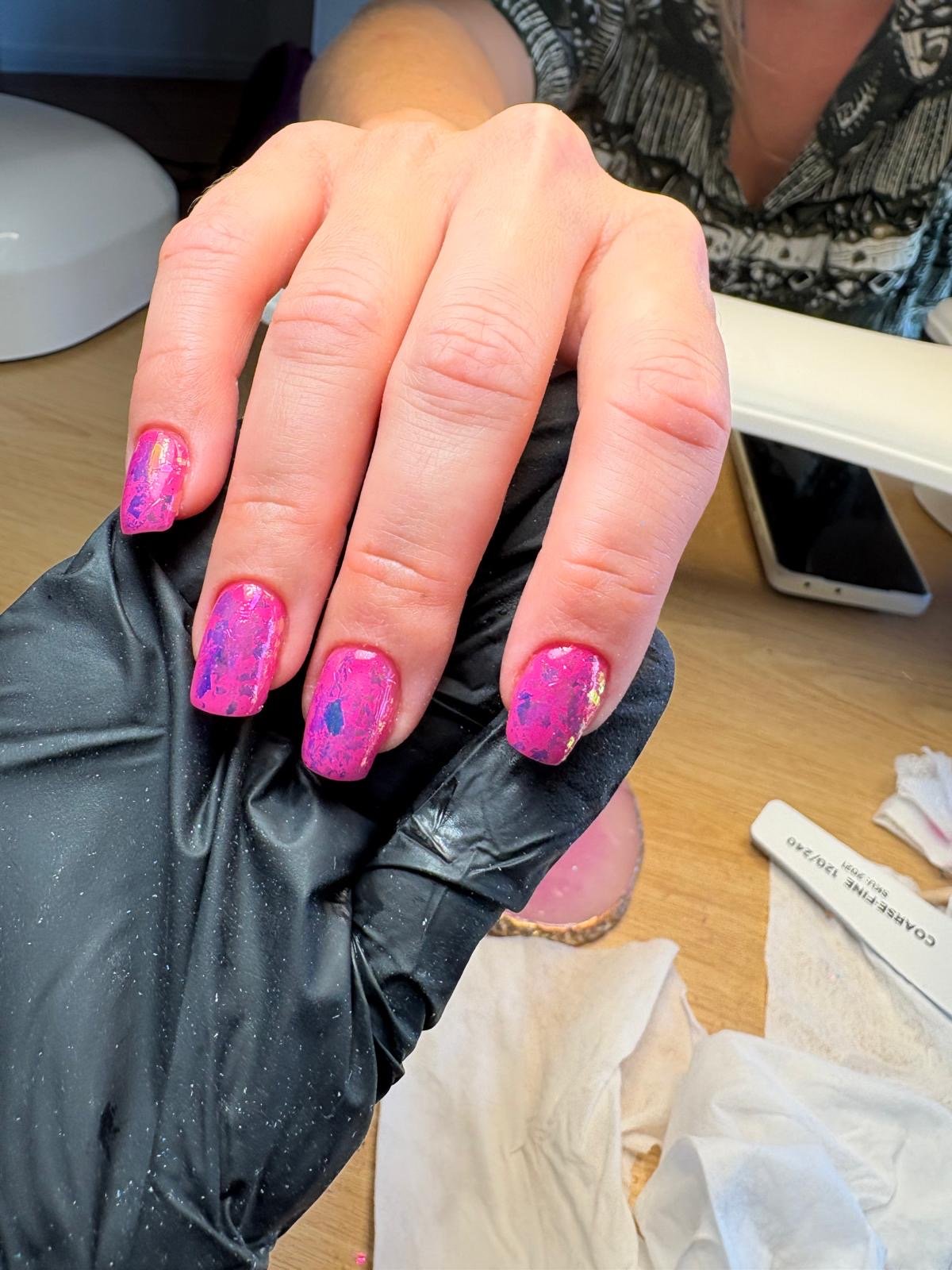 Russian manicure BIAB and colour in bright pink with blue foil at Queen Bee Nails in Rockingham WA