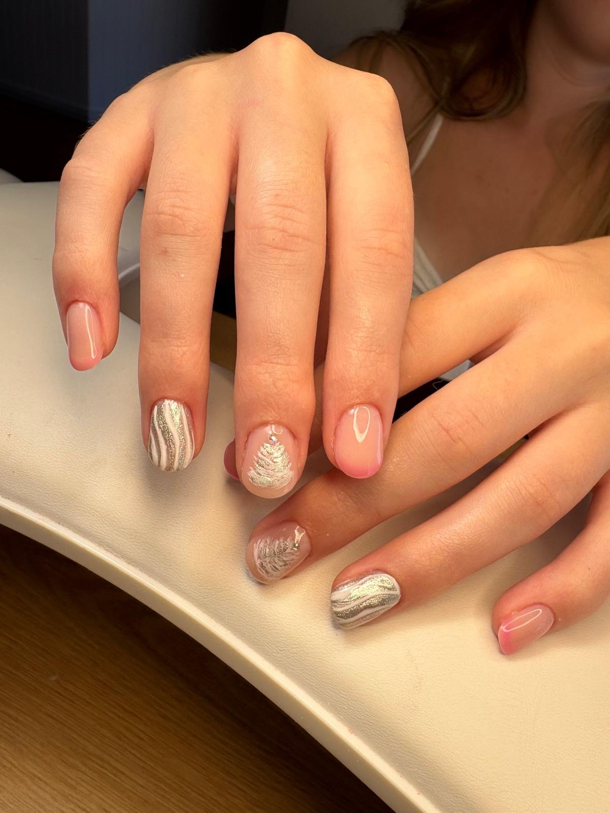Russian manicure BIAB and colour in nude with pink French tips and christmas tree at Queen Bee Nails in Rockingham WA