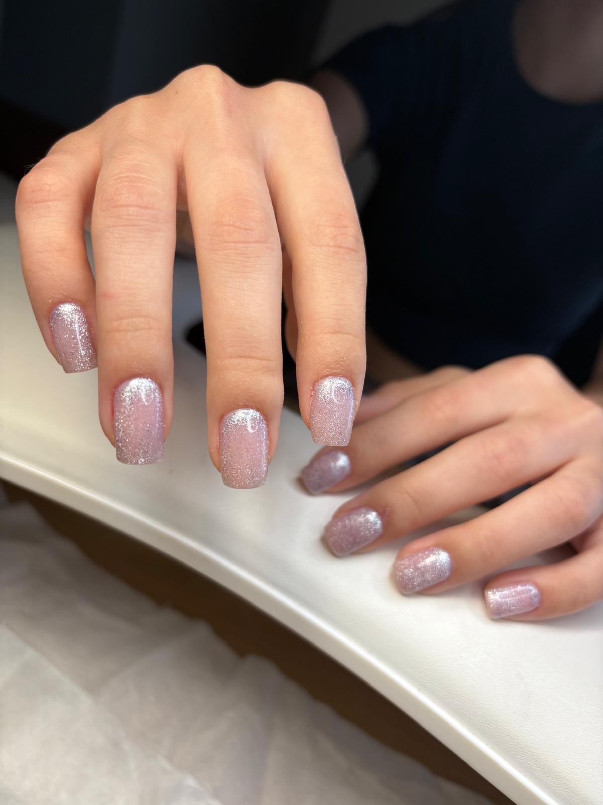 Russian manicure hard gel and colour in nude with silver cat eye at Queen Bee Nails in Rockingham WA